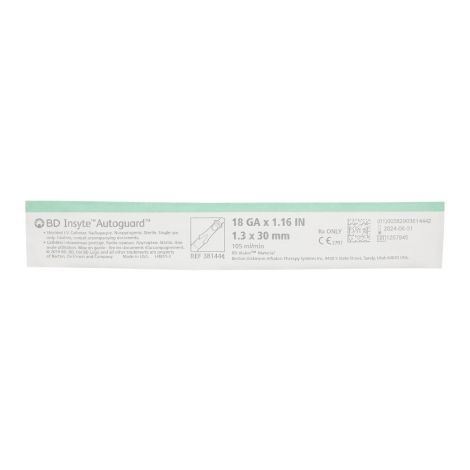        Peripheral IV Catheter Insyte™ Autoguard™ 18 Gauge 1.16 Inch BD Vialon Straight Hub Non Blood Control Push Button Safety