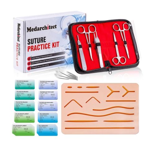 Medarchitect Suture Practice Complete Kit (30 Pieces) for Medical Student Suture Training, Suture Pad with 14 Pre-Cut Wounds, Suture Tools, Suture Thread & Needle